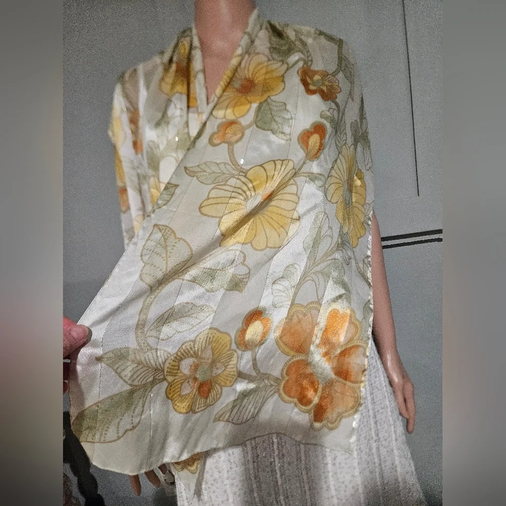 Italca Made in Italy Floral Sheer Scarf / Wrap. Yellow/Orange